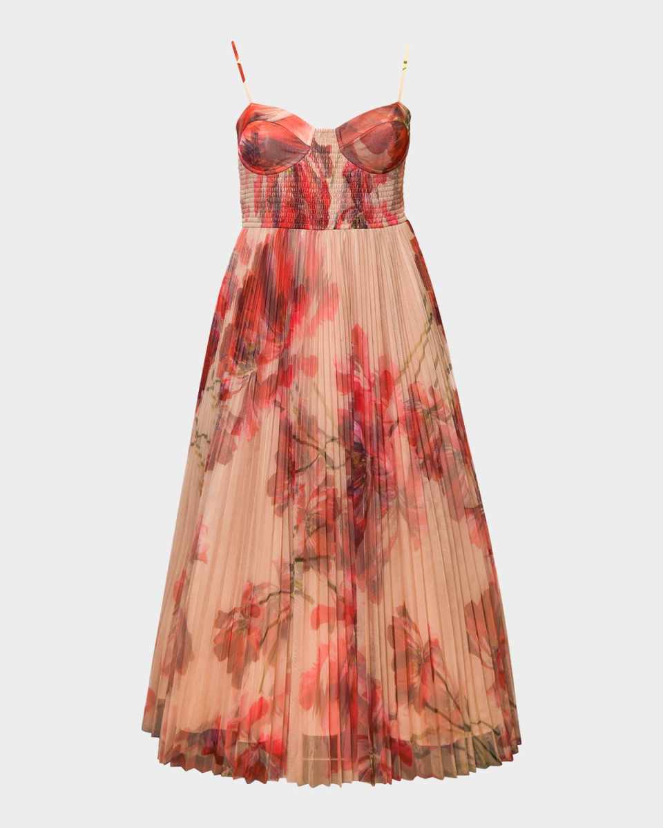 Brianna Pleated Floral-Print Bustier Gown